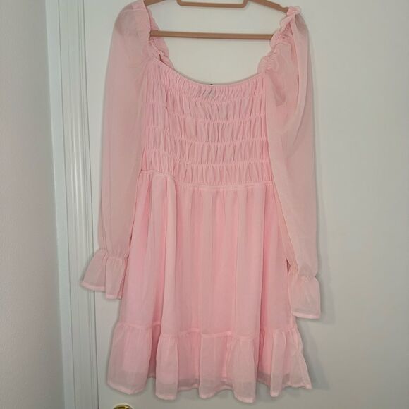 Eilly Bazar Baby Pink Shirred Flounce Sleeve Ruffle Hem Chiffon Dress - Picture 9 of 10